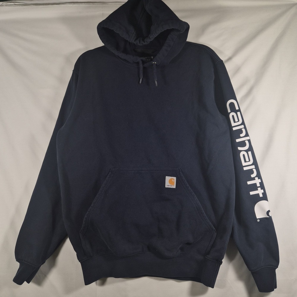 Carhartt K288 Mens Small Navy Loose Fit Logo Sleeve Pullover Hoodie Workwear